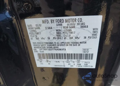 2007 Ford F-150 Stx/Xl/Xlt из США, поврежденный, VIN 1FTRF12277NA58372